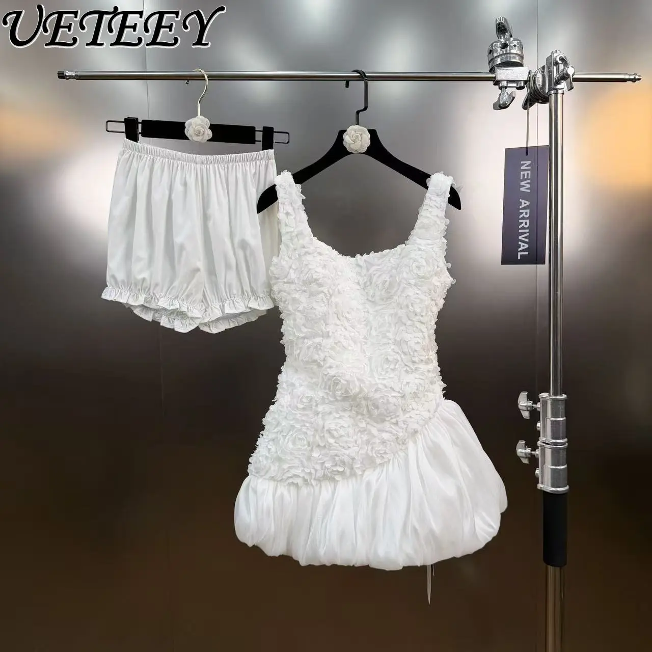 

2026 Spring Socialite Style Three-Dimensional Flower Short Strap Dress Ruched Bud Puffy Party Mini Dress and Base Shorts Set