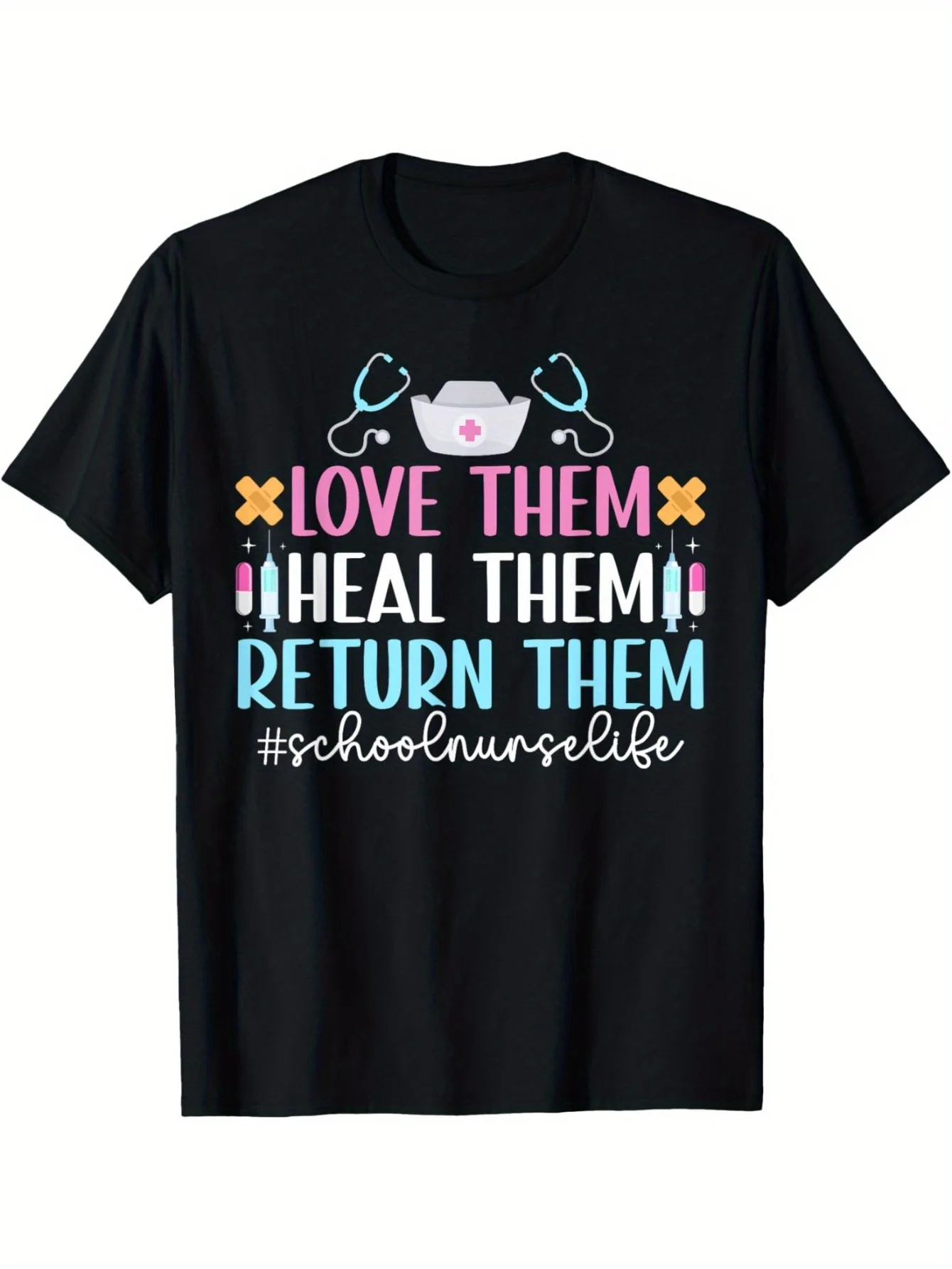 تي شيرت ممرضة المدرسة مع شعار موضوع وطباعة سماعة الطبيب، قميص كاجوال فضفاض بأكمام قصيرة #1