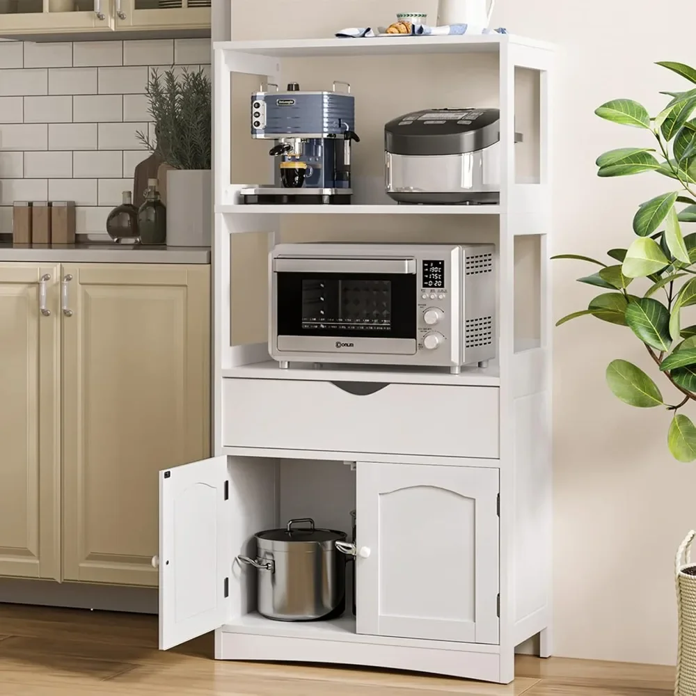 Credenza con 2 ripiani aperti, 1 cassetto e 1 armadio, dispensa da cucina, con spazio per microonde