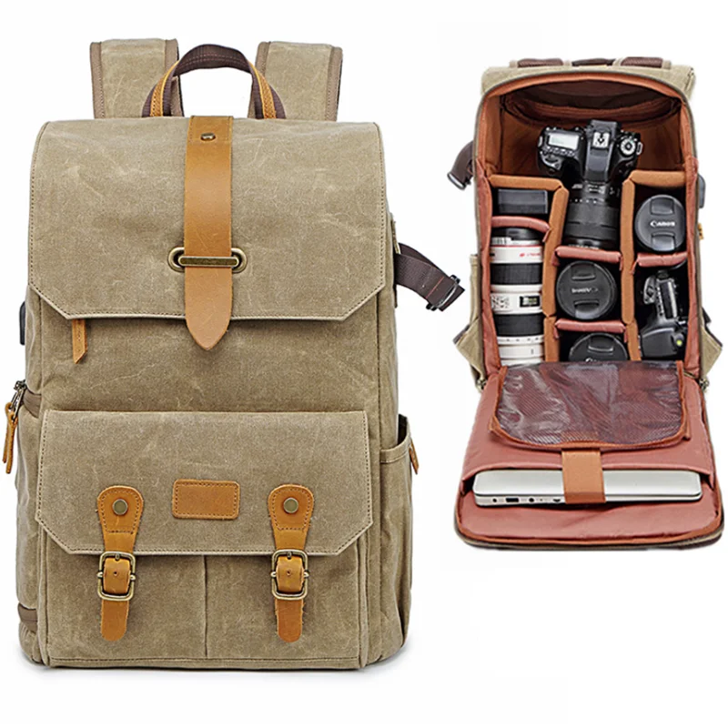 

Photography Retro Waterproof Batik Canvas backpack w USB Port fit 15.6inch Laptop Men Camera Bag Carry Case for Canon Nikon DSLR