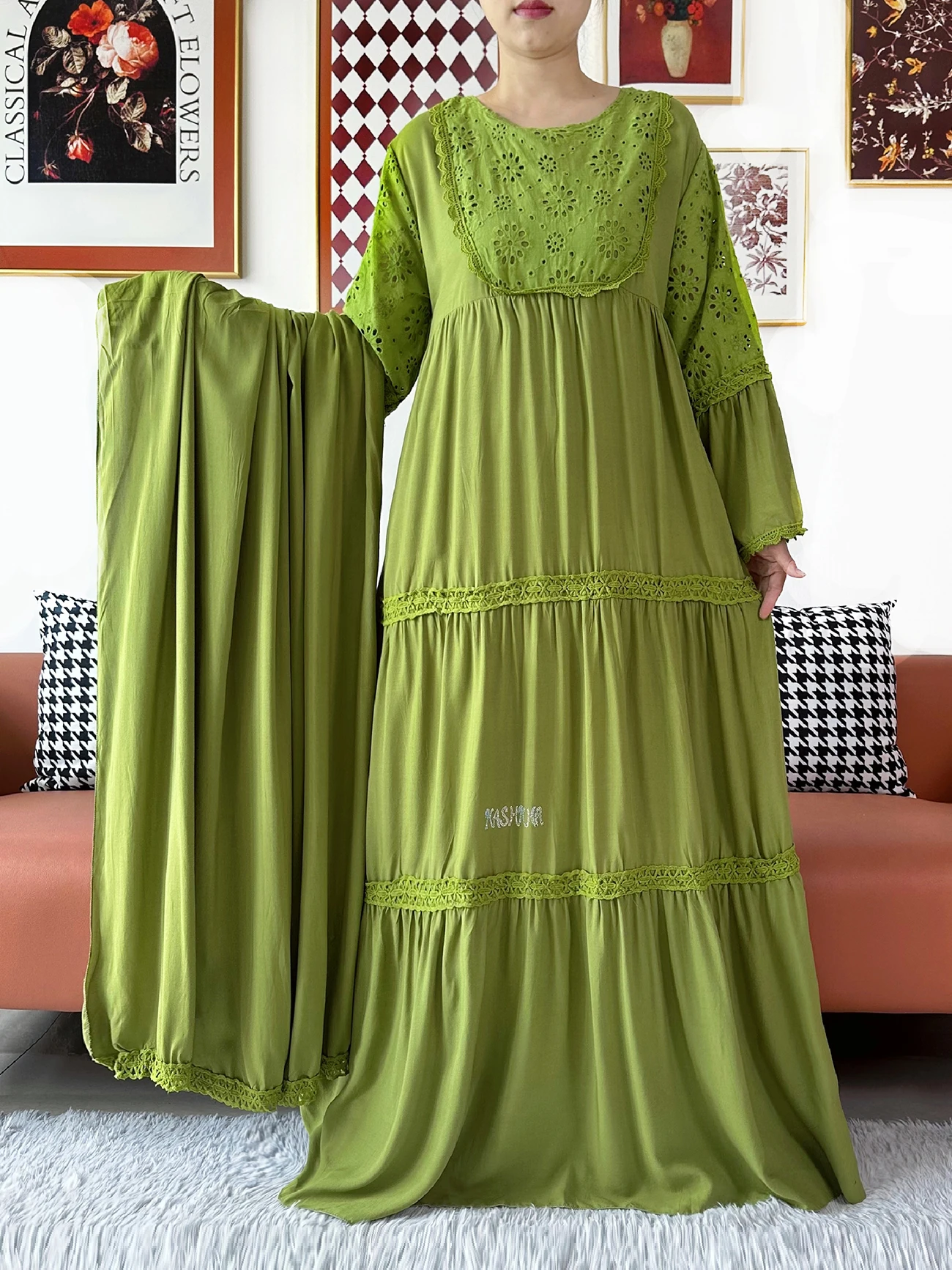 2026 High Quality Solid Color Lace Embroidery Cotton African Women Boubou KASHKHA Ramadan Muslim Loose Dress  Maxi Dress
