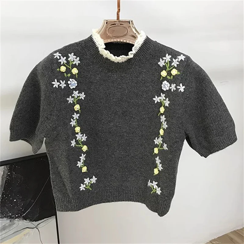 Women\'s sweater 2024 Autumn New in Fashionable Flower Embroidered Round Neck Pullover Wool blend short sleeved top y2k Knitwear