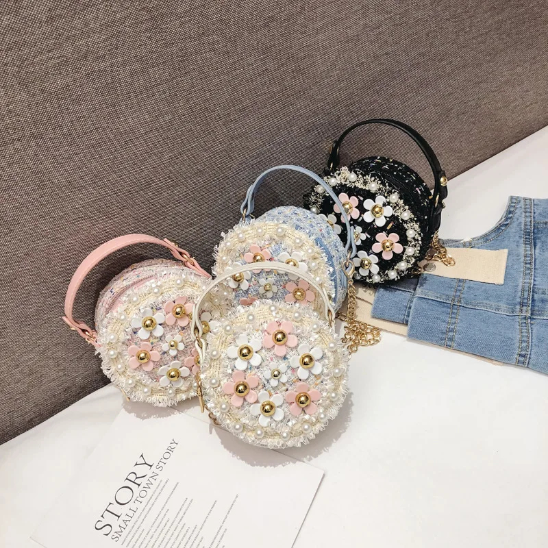 Korean Children Shoulder Bag Versatile Pearl Flower Girls Crossbody Bags Princess Cute Design SchoolBag Baby Coin Purse Handbags