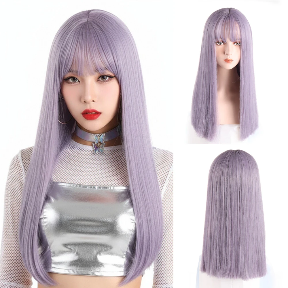 

Women Long Straight Silky Smooth Wig Synthetic Hair Daily Wear Purple Color With Bang For Party