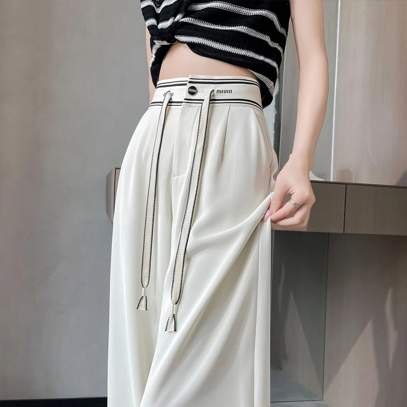 Summer New Contrast Color Patchwork Wide Leg Trousers Women Fashion Button Pockets High Waist Drawstring Loose All-match Pants