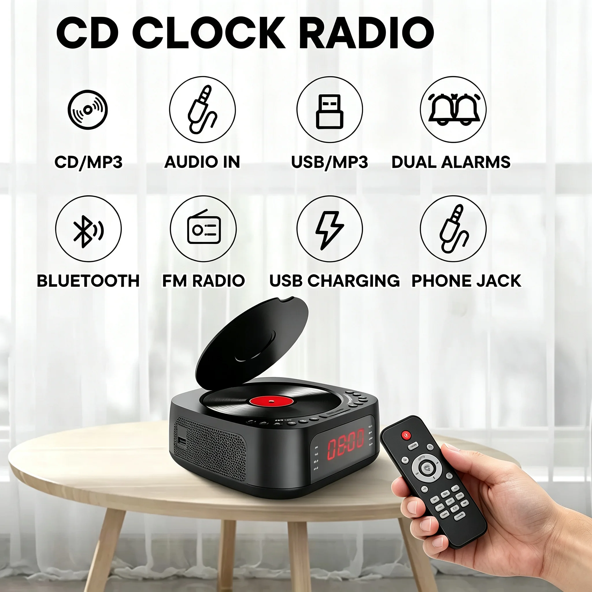 CD Player Alarm Clock USB Charging Dimmable Display Desktop Bluetooth Radio CD Player with Speaker Remote Control for Bedroom