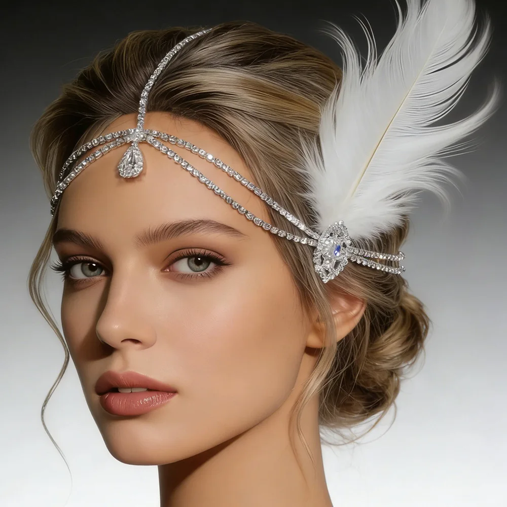 Rhinestone Feather Headband Crystal Teardrop Forehead Chain Gatsby Headpiece Elegant Hair Jewelry for Women Wedding Prom Party