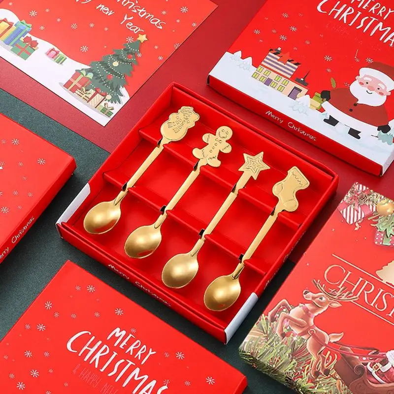 Christmas Spoon Set 4 Pcs Small Cutlery Spoons For Tea Coffee Food Grade Flower Spoon Set For Christmas Party Supply Table