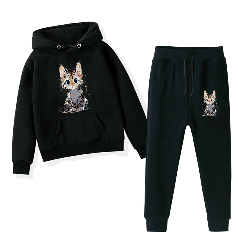 2024 Anime Cat Sweatshirts Set for Boy Girl Spring Summer New Cartoon Kitten Suit Watercolor Cat Kid Hoodies+Pants 2pc Tracksuit