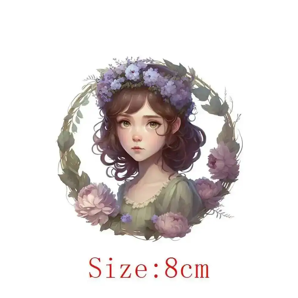 10cm Vintage Round Flower Girl Princess Iron On Heat Transfer Sticker For Clothes Pinted Vinyl Thermal Washable T-Shirt Decal