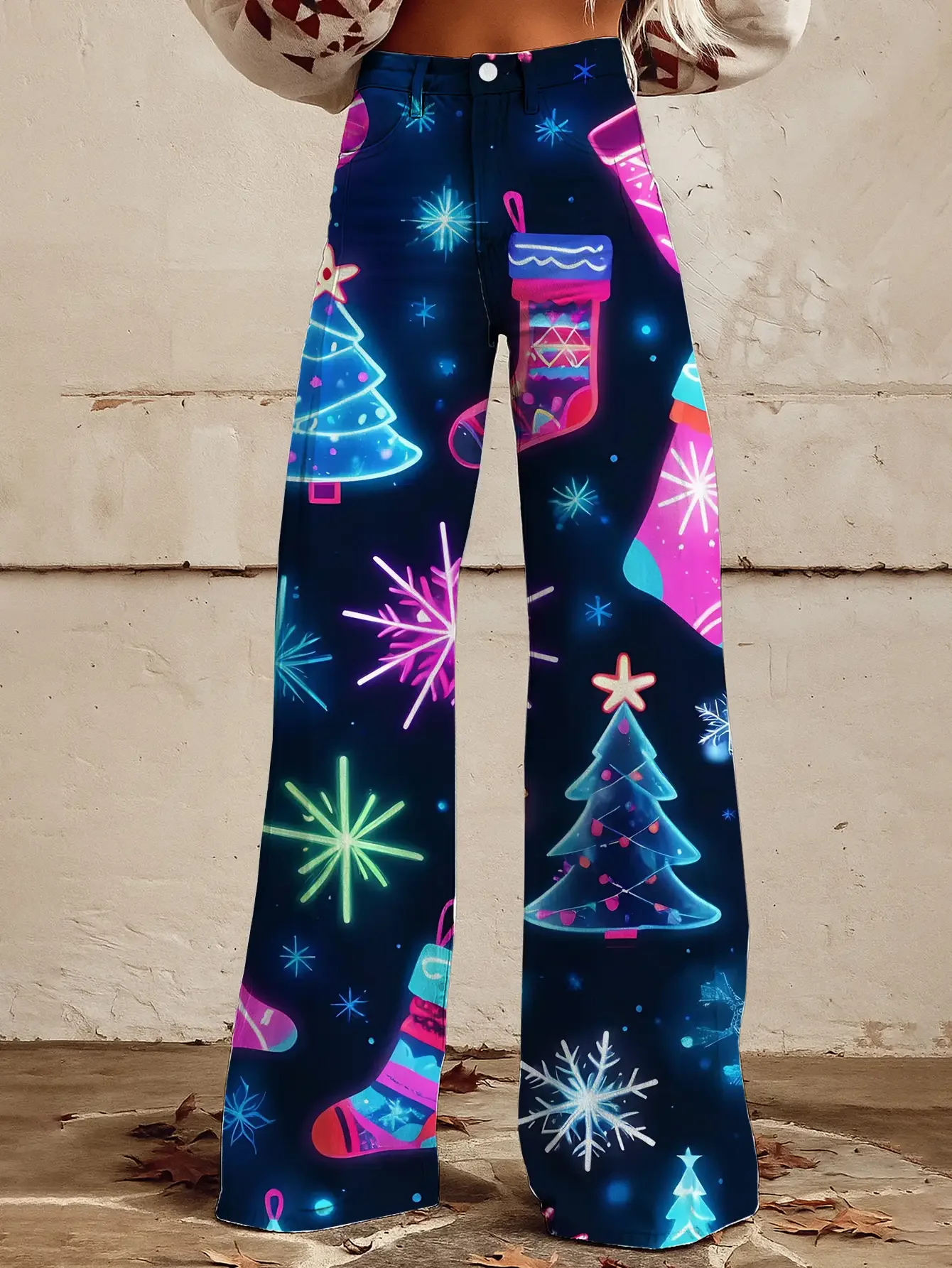 عصرية، حالمة، طباعة عيد الميلاد الأثيرية، جينز تقليد فضفاض