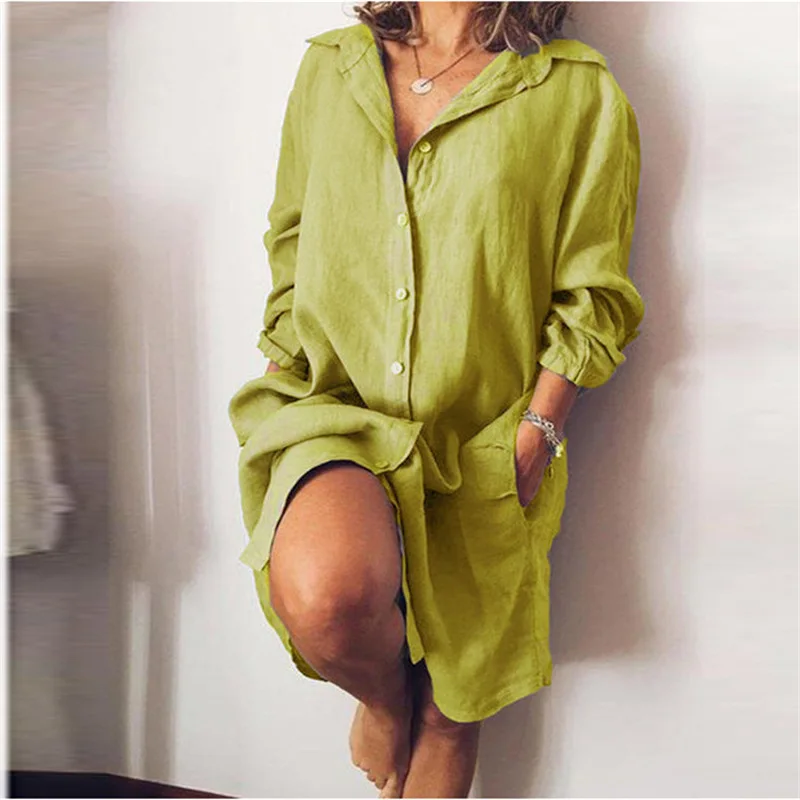 Women's New Regular Cotton And Linen Long-sleeved Cardigan Single-breasted Shirt Solid Color Loose Comfortable Casual Long Shirt