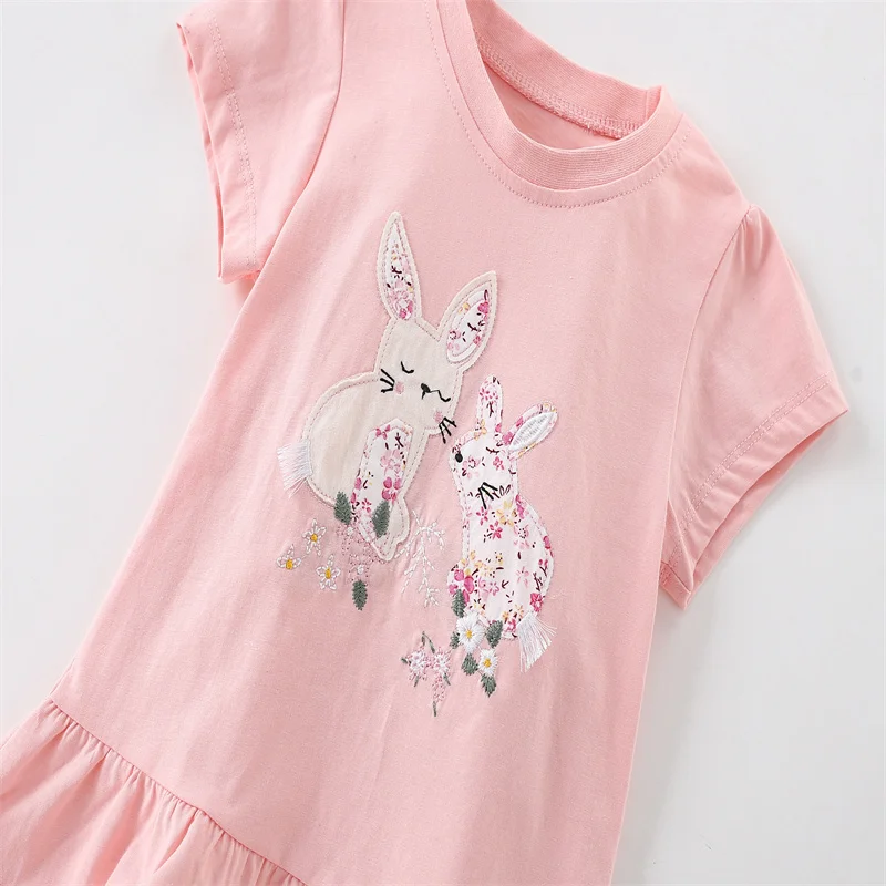 Jumping Meters 3-8T New Arrival Bunny Embroidery Hot Selling Cotton Summer Girls Tshirts Baby Clothes Children\'s Tees Tops