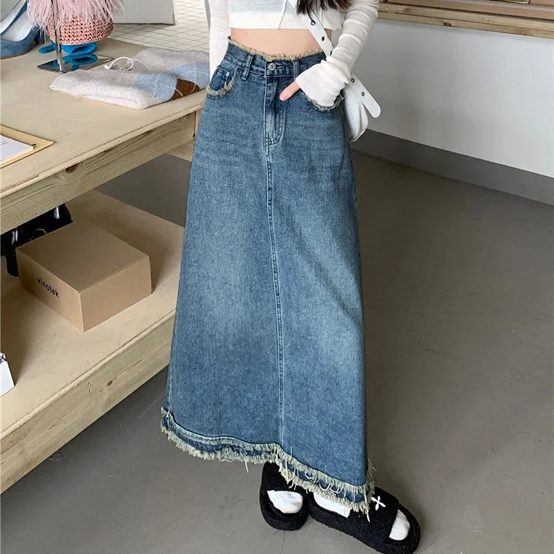 Deeptown Denim Skirt Vintage Women Elegant Fashion Autumn Long Jean Skirt Retro High Waist Streetwear Slim Up A-line Midi Skirts