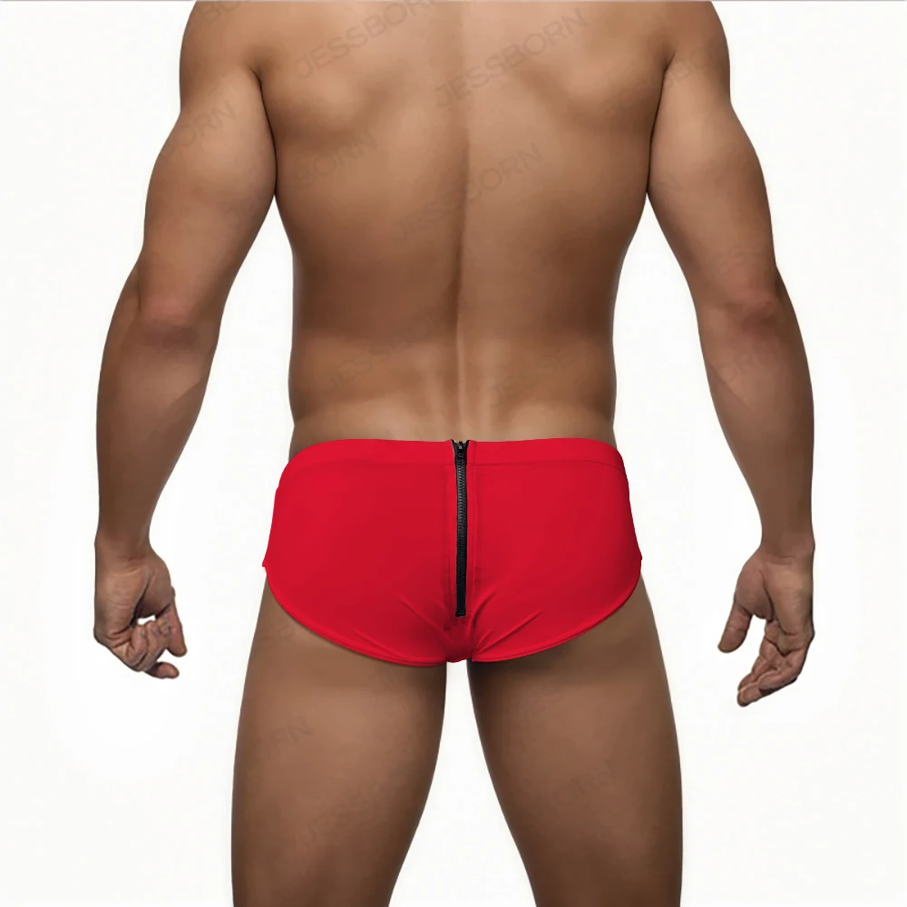 Sexy Mens Back Zipper Swimwear Solid Low Waist Bikini Beach Surfing Swim Briefs Nylon Gay Pouch Pad Push Up Bathing Swimsuit