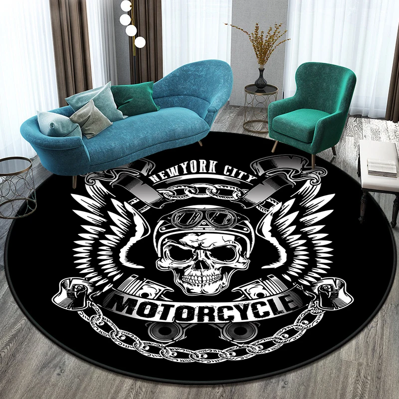 Motorcycle Skull Art Printed Round Carpet for Living Room Mat Children Floor Rug Yoga Mat Bedroom E-sports Chair Non Slip Mats