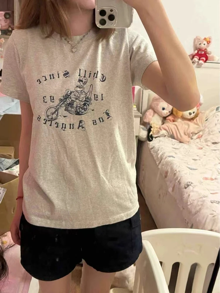 Cartoon Graphic Letters Print T-shirt Women Summer Short Sleeve O-Neck Pullover Tops Cotton Casual Rock Streetwear T-shirt Y2k