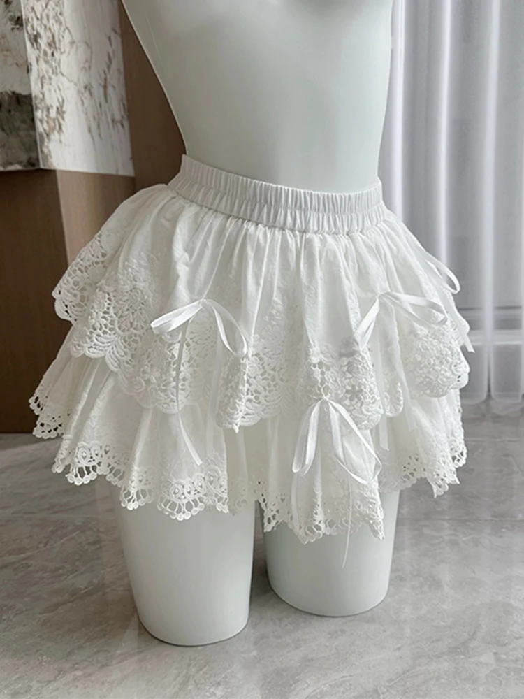 White High Waist A-Line Short Skirt with  Knot Princess Style Half-length Cake Skirt for Women Korean Version Commute