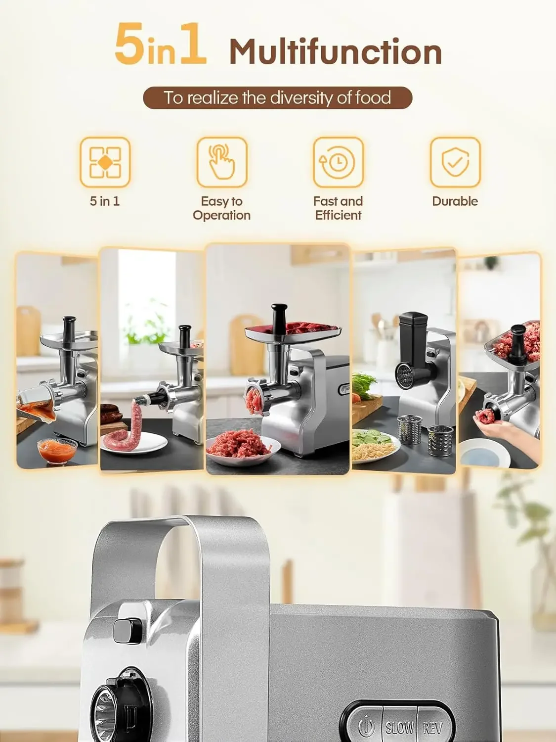 

XMSJ.Meat Grinder Heavy Duty - 5 in1 Meat Grinder for Home Use - 3000W Max Powerful - Sausage Stuffer with 3 Stainless Steel