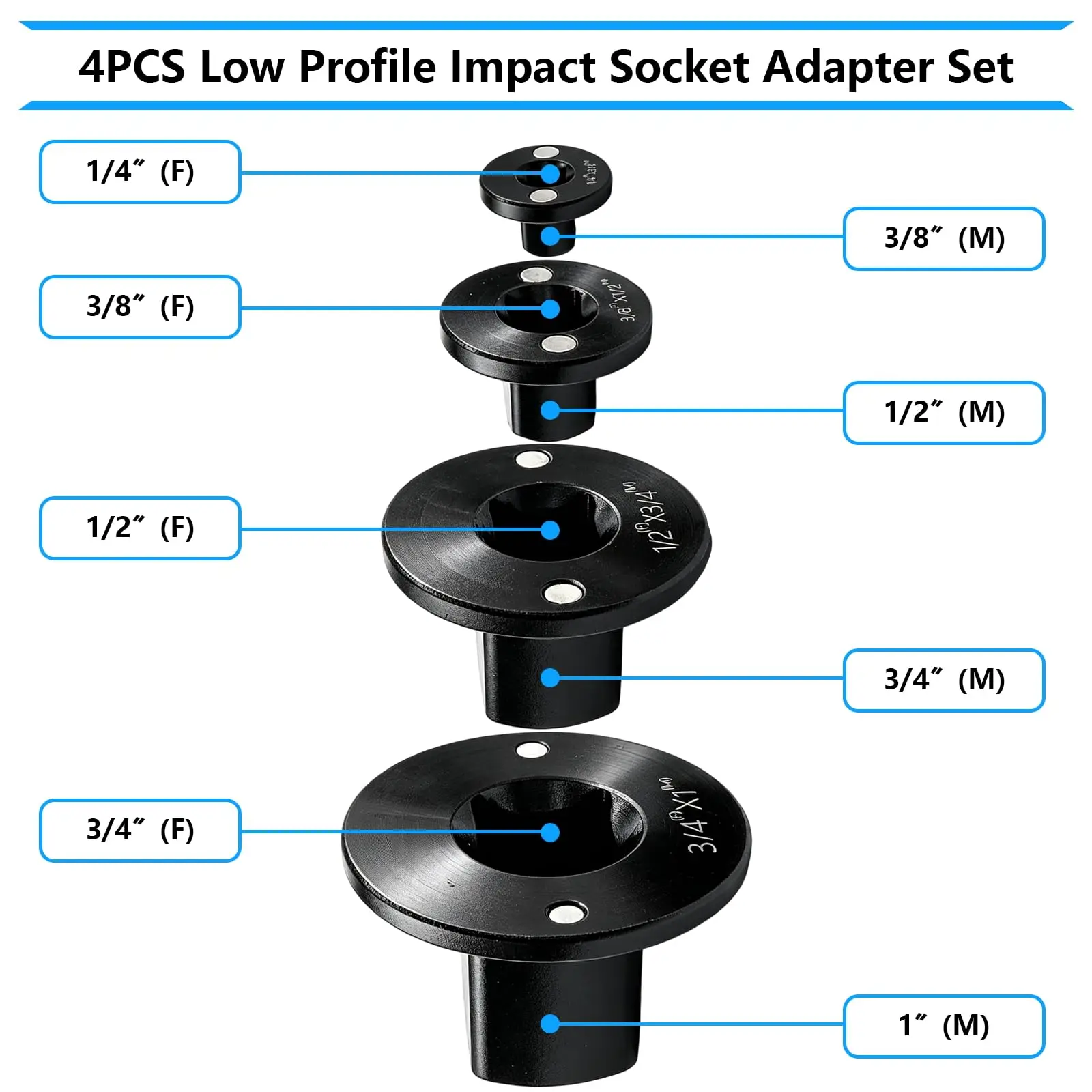 4PCS Stacked Socket Adapter Set, Impact Ratchet Drive Converter Reducer Kit for Tight Spaces Automotive Repair