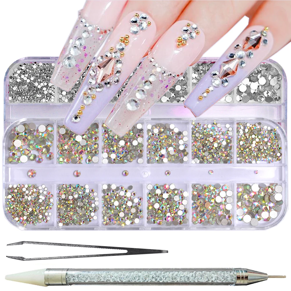 

12 Grids Nails Art Accesorios With Pen And Clips Colorful Rhinestones 3D Glitter Gems DIY Nail Supplies For Professionals