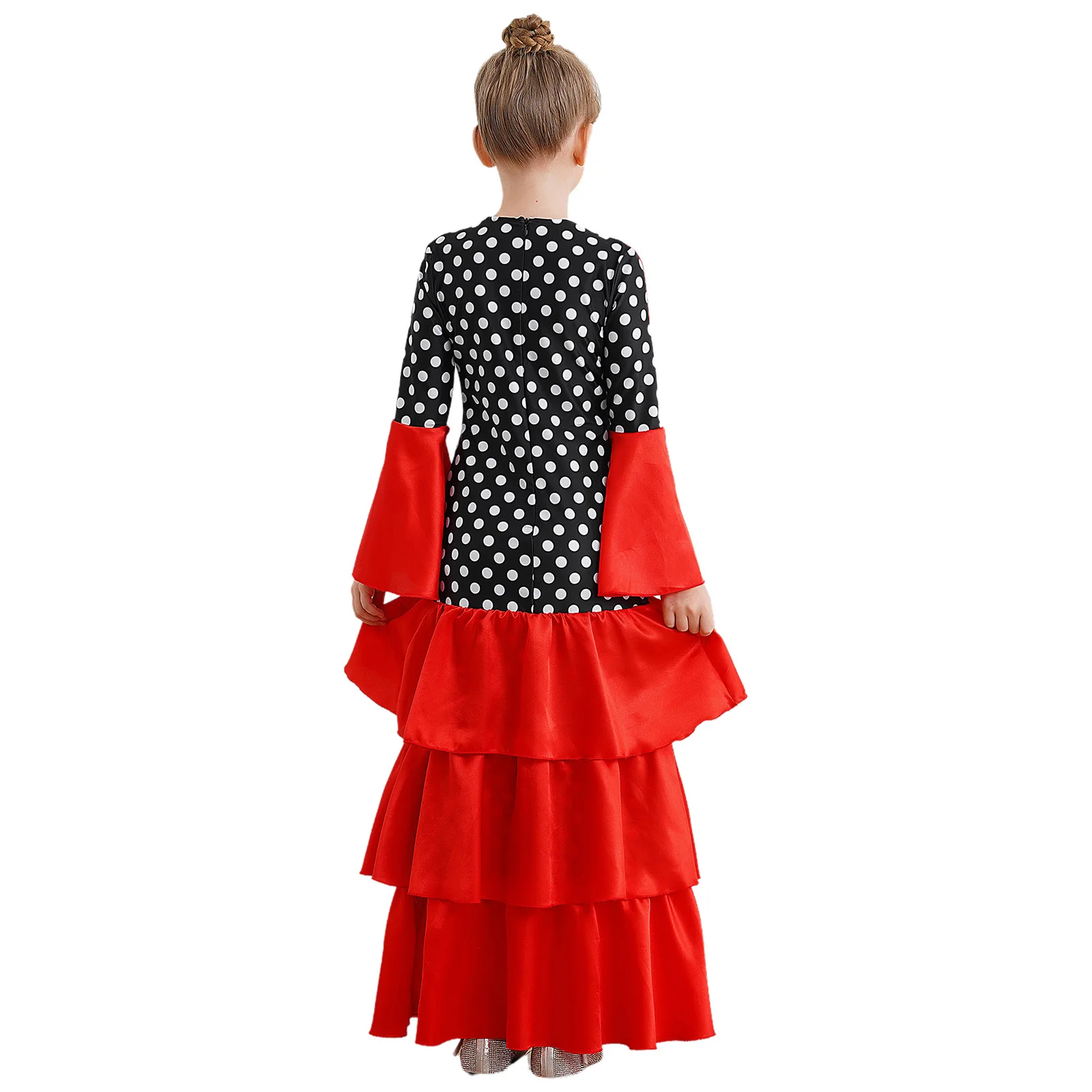 Kids Girls Flamenco Dance Dress Polka Dots Print V Neck Flared Sleeve Tiered Ruffle Dress Ballroom Modern Performance Dancewear