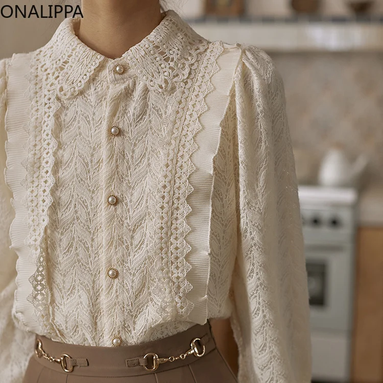 Onalippa Solid Hook Flower Lace Shirts Women Peter Pan Collar Single Breasted Bottoming Blouse Korean Puff Long Sleeves Tops