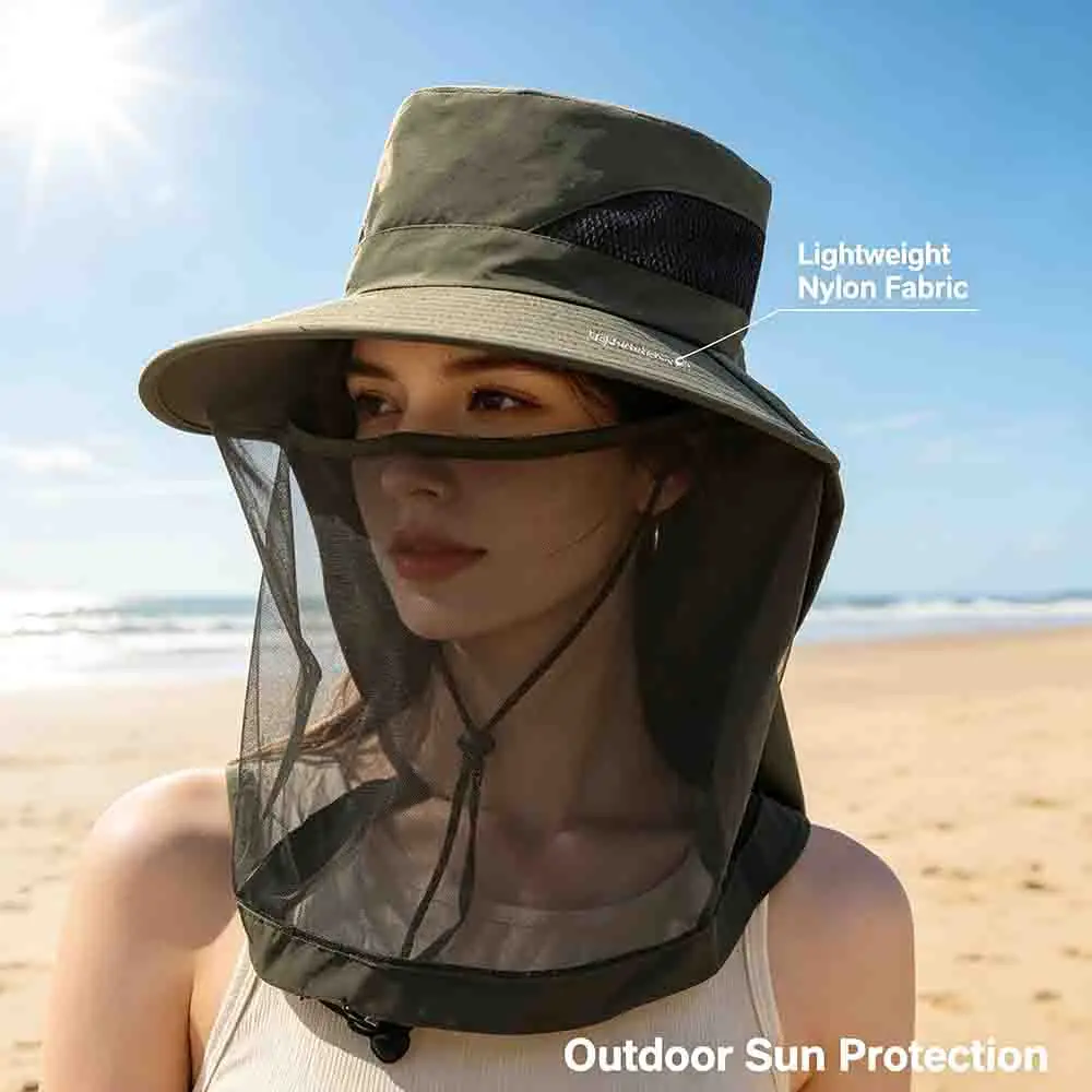 Fishing Hat Sun Mosquito Net Face Cover Outdoor Hiking Mesh Breathable Bucket Hat Waterproof Nylon Neck Flap Cap Protective Gear