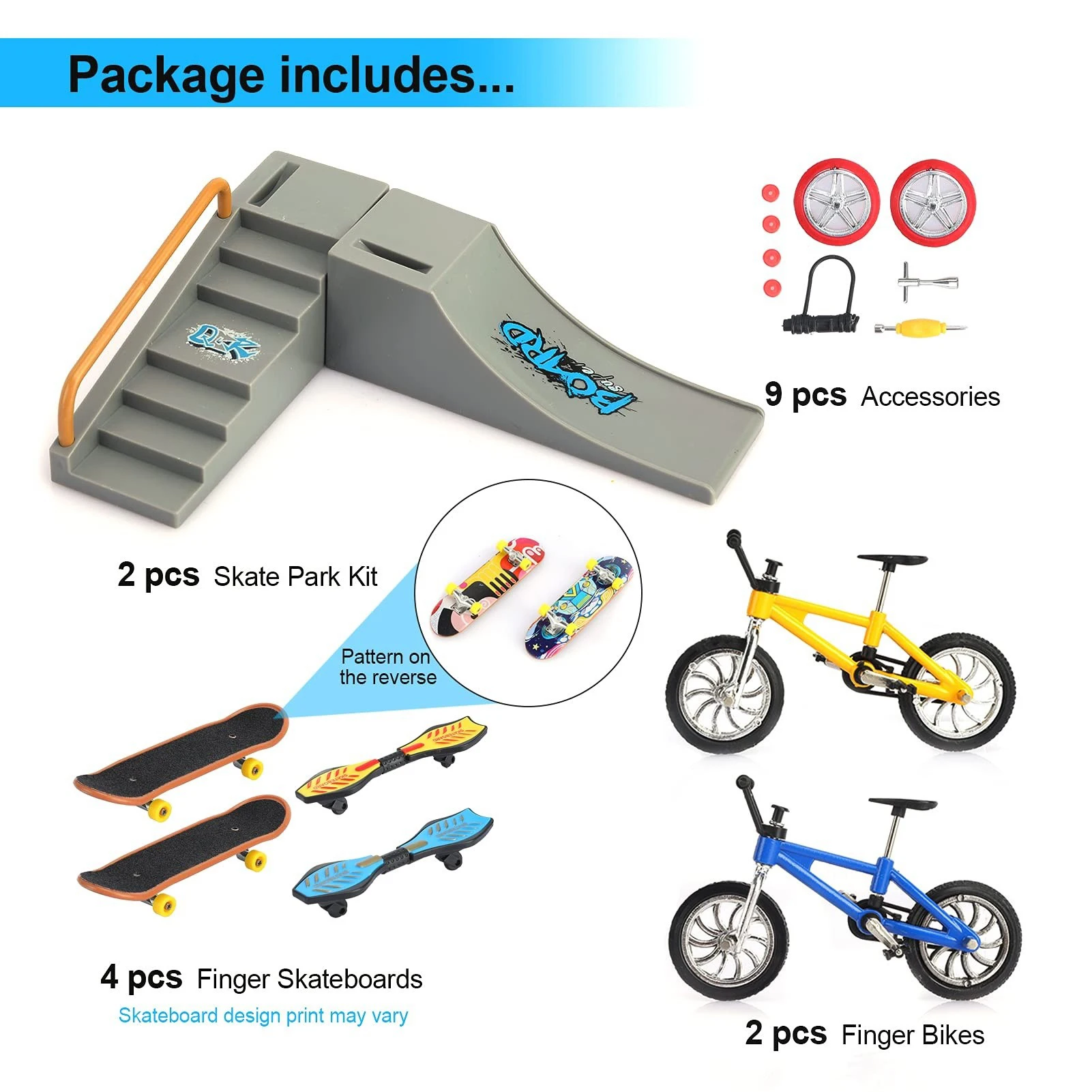 トレーニングスケートパークキット、2つのバイク、2つのフィンガースケートボード、2つのキャスターボード交換用ホイール