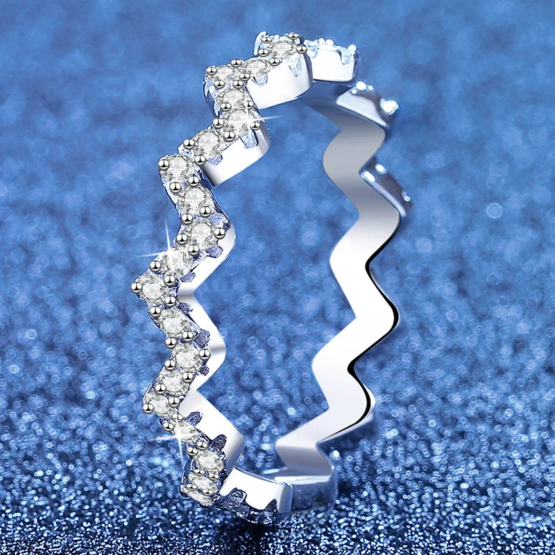 

S925 Silver White Gold Plated 0.44CT D Color Moissanite Wave Micro-Pave Stacking Ring for Women, Exquisite Jewelry.