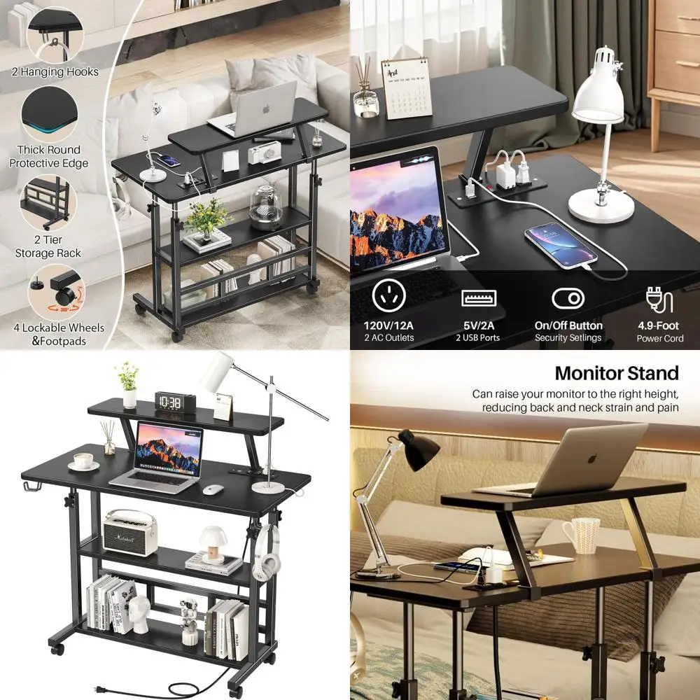 Escritorio de pie ergonómico ajustable con alimentación, soporte para monitor y almacenamiento para computadoras portátiles (negro)