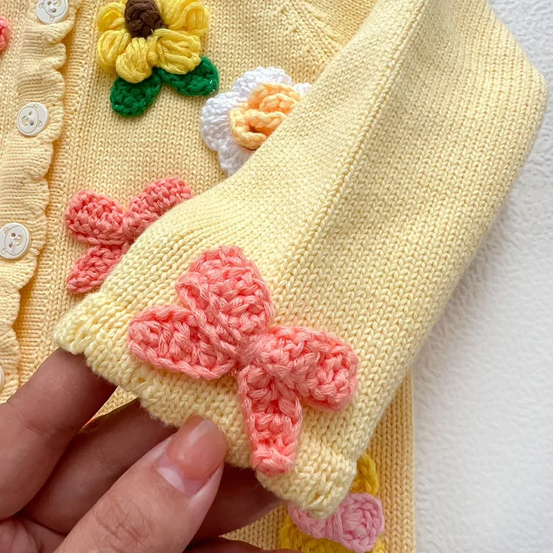 Autumn Newborn Girls Cardigan Sweater Coat Infant Girls Long Sleeve Handmade Flower Top Toddler Baby Girl Clothes Appliques Coat