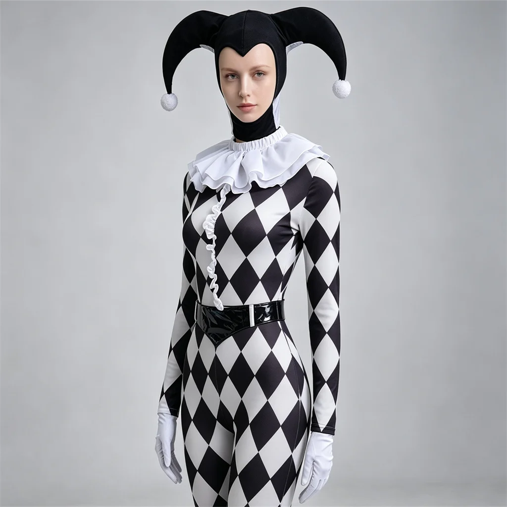 Disfraz de Payaso de Circo para Halloween, Mono de Argyle Blanco y Negro, Traje Gótico de Bufón con Sombrero