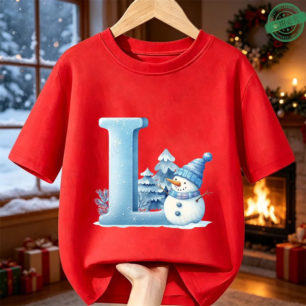 Christmas Winter Snowman A‑Z 26 Alphabet Printed Kids Tee Cotton  Short Sleeve Boys Girls Holiday Party Top Children's Clothing