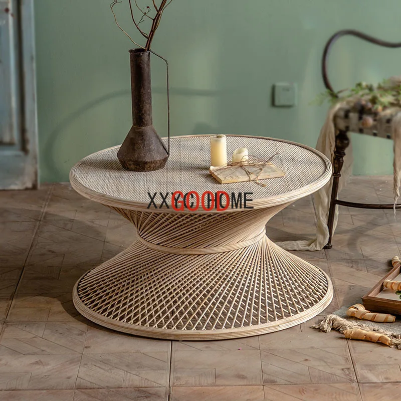 Rattan Table Retro Round Table American Style Vintage Coffee