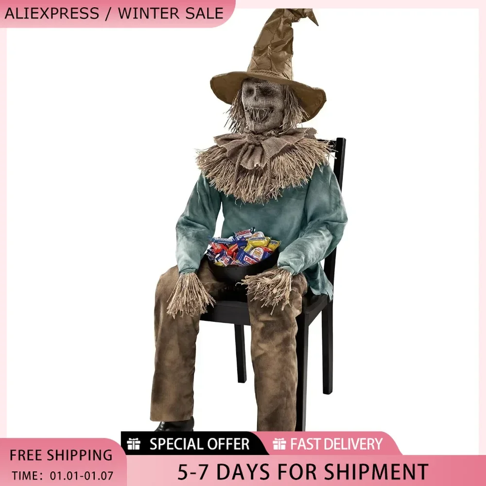 Halloween Decorations 4.5 Ft Scary Sitting Scarecrow Animatronic Decorations Pop-up Motion Scarecrow Prop Halloween Prop