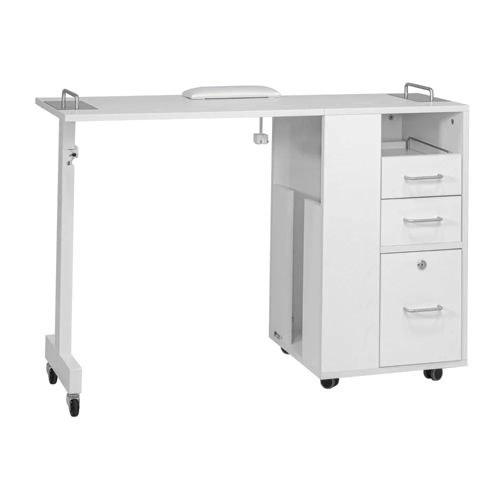 Manicure Table Nail Desk, Versatile Foldable Station, Adjustable Length with Storage Cabinet for Salon Home Studio, White