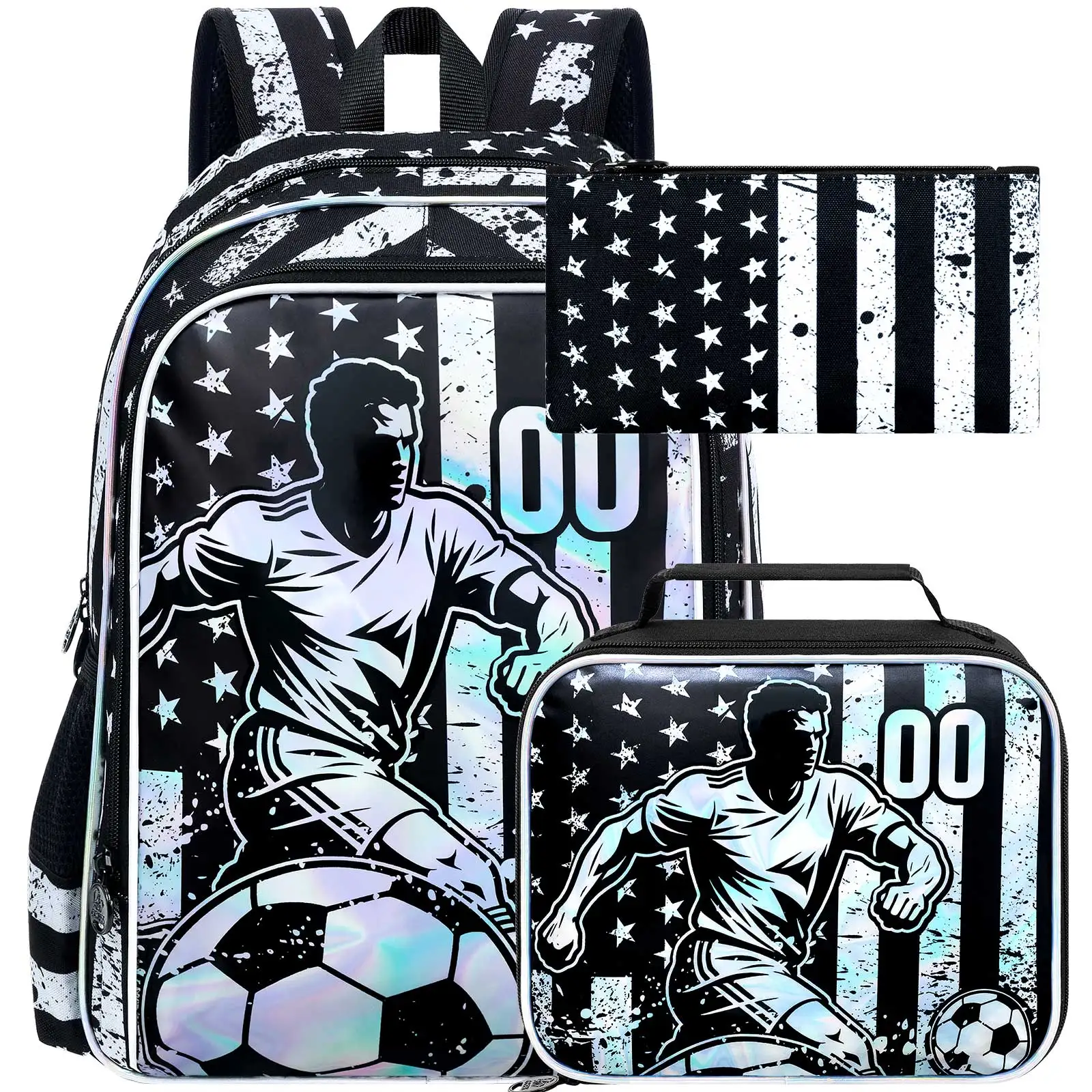 

3Pcs Soccer Backpack for Boys, 17" Kids School Bookbag with Lunch Box, Football Backpacks Set for Elementary