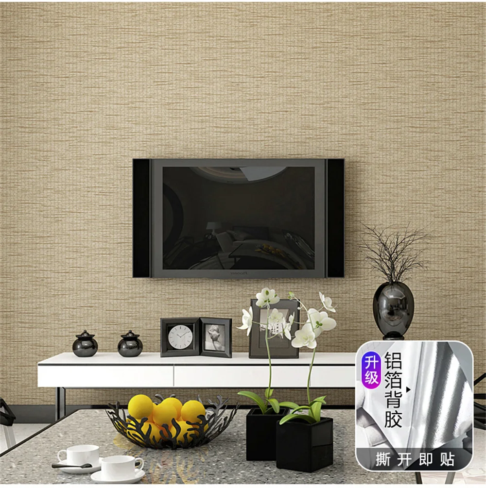 Self Adhesive Linen Wallpaper Non-woven Living Room Bedroom Straw Rattan Texture Wallpaper Hotel Home Decor