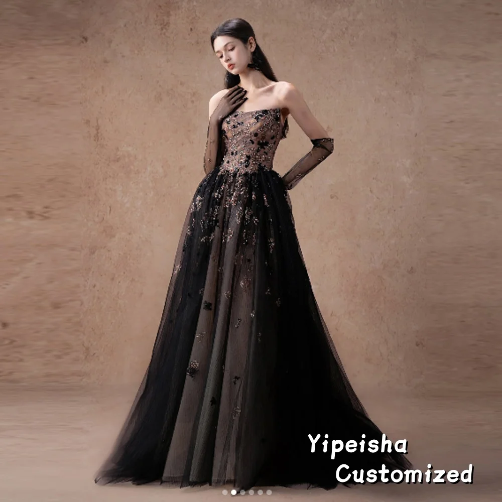 Vestidos de Noche negros de lujo, Apliques de encaje de cristal para mujer, fiesta de boda, vestido de graduación árabe personalizado