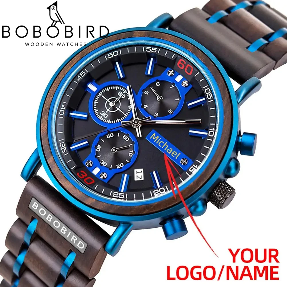 Personalizar logo nombre hombres relojes de madera BOBO BIRD calendario de moda cronómetro relojes de pulsera de cuarzo personalizados regalo Dropshipping