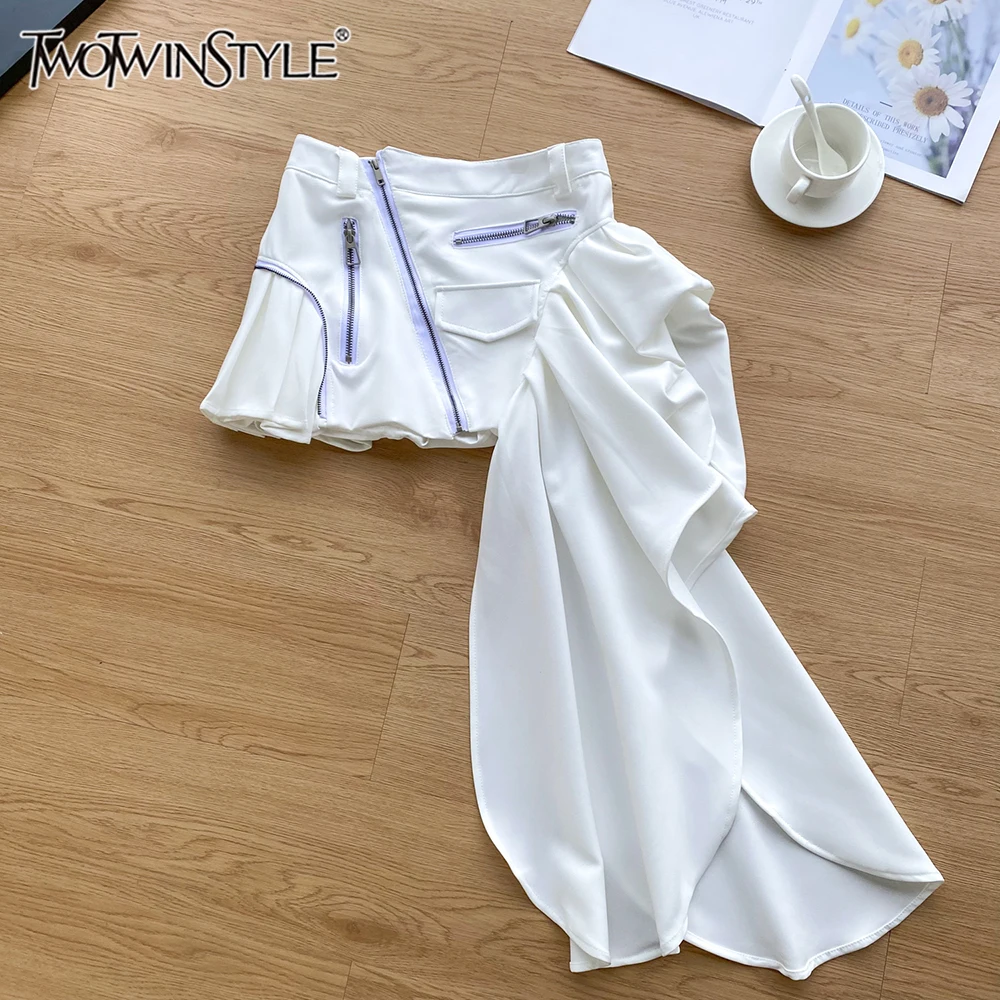 

TWOTWINSTYLE Solid Irregular Hem Mini Skirt For Women High Waist Patchwork Zipper Streetwear Skirts Female Fashion New KSK517497