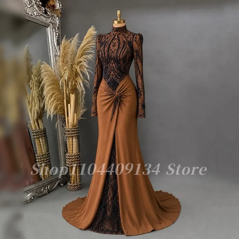 Arabisches muslimisches formelles Abendkleid mit Perlen, Meerjungfrauen-Stil, langärmelig, orientalische Robe, Abendkleid für Damen, maßgeschneidert