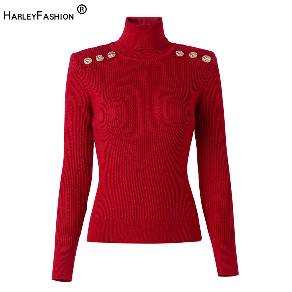 Classic Design Fall Winter Wool Blend Turtle Neck Warm Thick Knitting New Year Pullovers Red Sweater Tops with Shoulder Pads