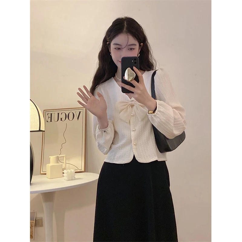 MEXZT S-3Xl Elegant Bow Shirts Women Sweet Pink Puff Long Sleeve Blouses Korean Fashion White V Neck Pearl Buttons Crop Tops New