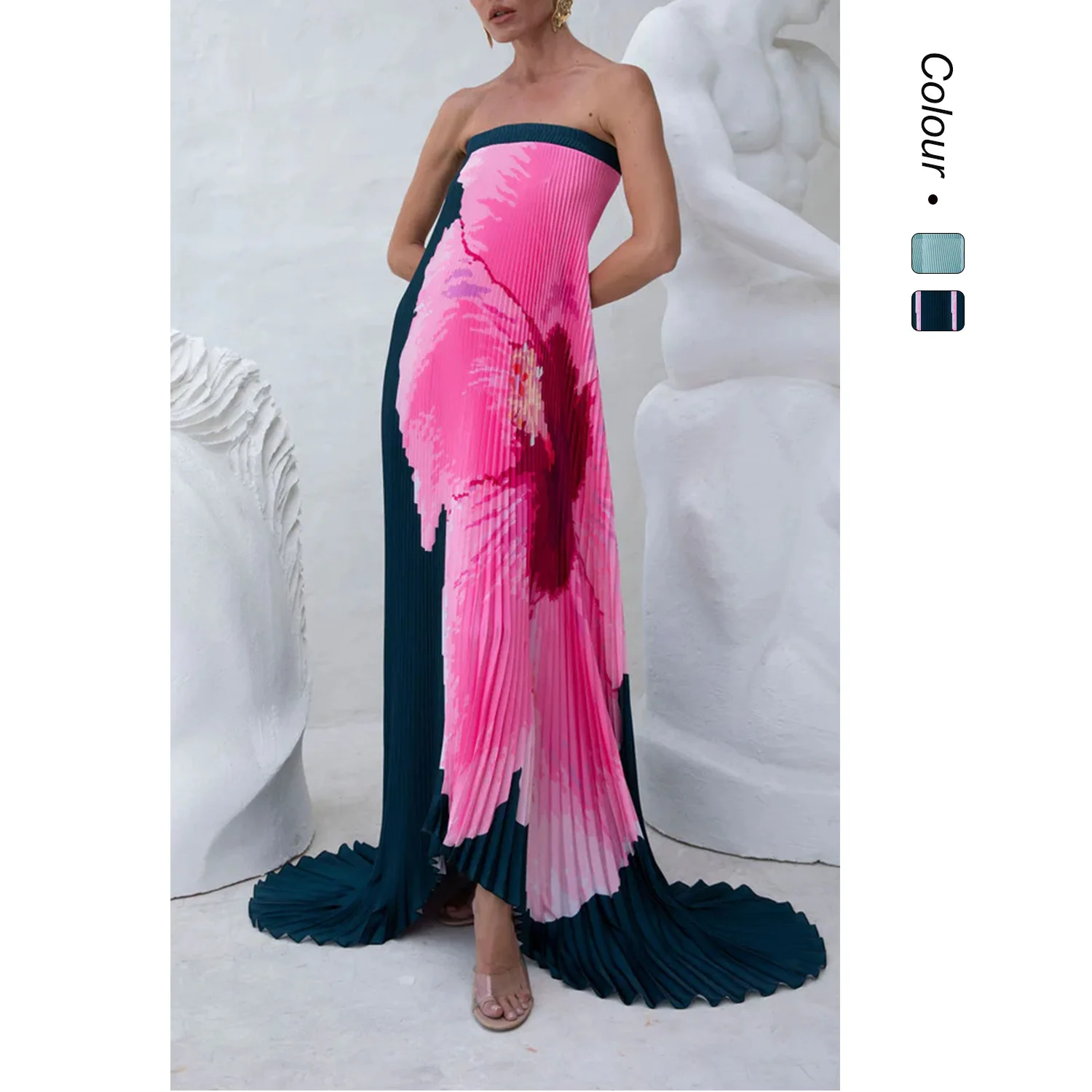 2026 Summer Pleated Positioning Print Strapless Flared Dress 68733 Birthday Dress Outfits Beach Clothes