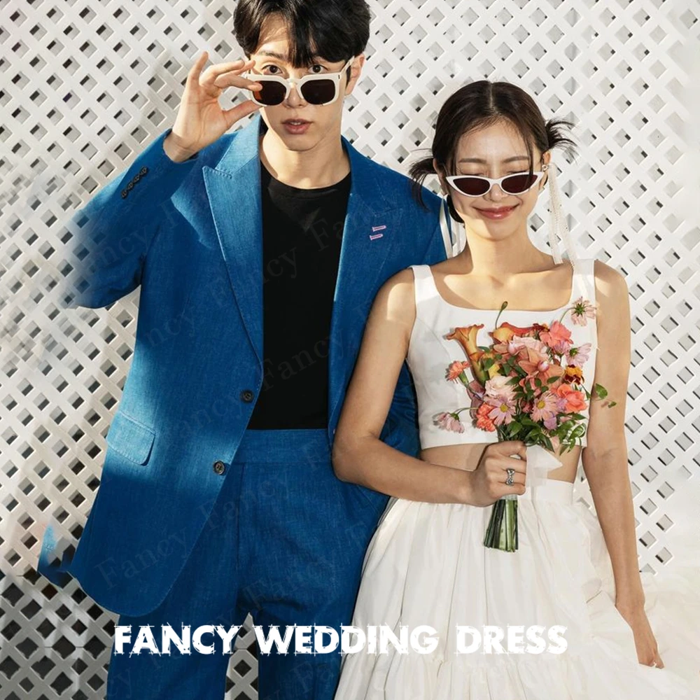 Fancy Special 2 PCS Korea Wedding Dress Photography A Line Sleeveless Satin Bridal Gown Floor Length 웨딩드레스 customized