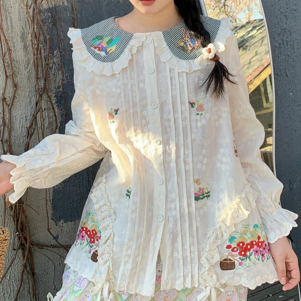 Sweet Cotton Floral Embroidery Pleated Lace Shirt for Women Vintage Cottage Core Goblincore Rococo Retro Chic Lolita Cute Blouse