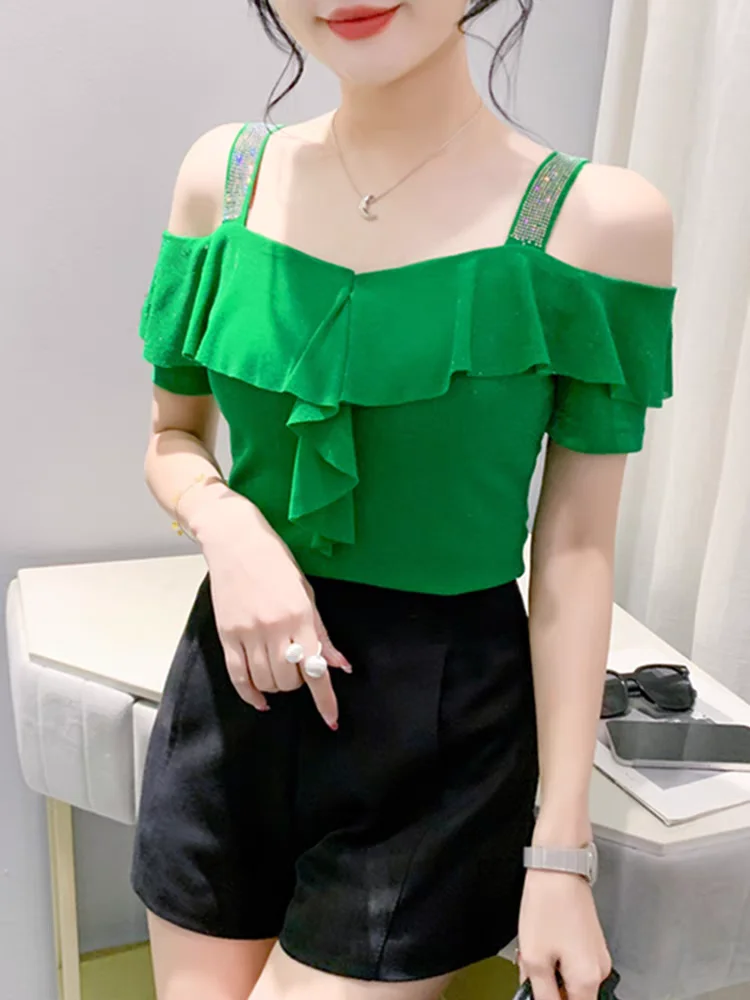 Women's Off-Shoulder Summer Short Sleeve Top Rhinestone Mesh Ruffle Sleeve Slim-Fit Trendy Tee New Chic Casual Party T-shirts