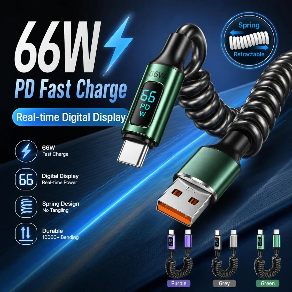 66W USB-A to USB-C Cable Real-Time Display Spring Coiled Digital Display Line 3A 480Mbps Fast Charging Data Cable